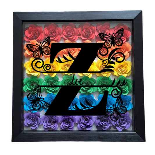 Split Butterfly Monogram - Bright Rainbow Flower Shadow Box