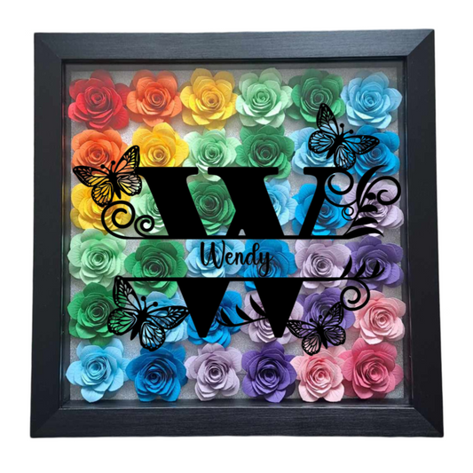 Split Butterfly Monogram - Ombre Rainbow Flower Shadow Box