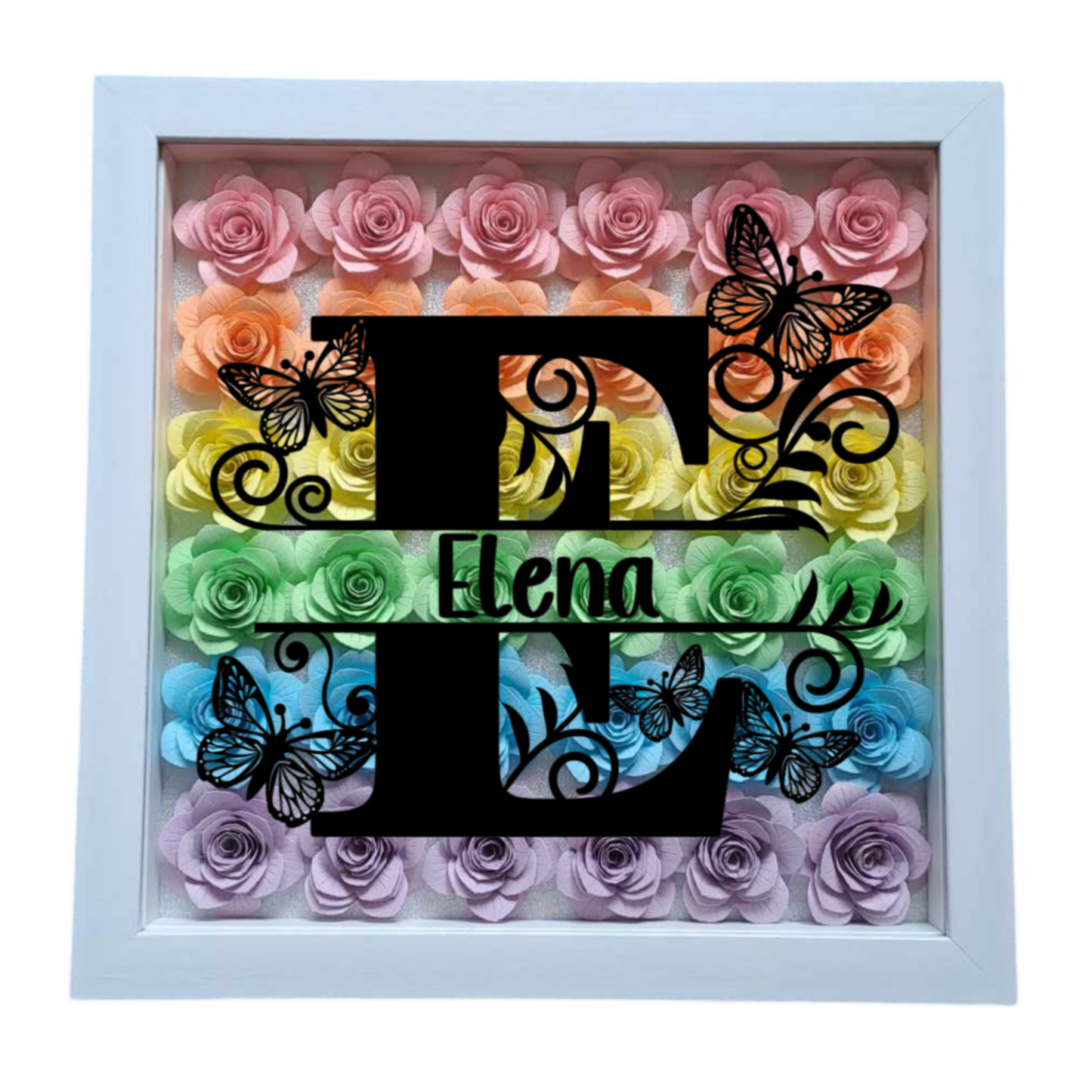 Split Butterfly Monogram - Pastel Rainbow Flower Shadow Box